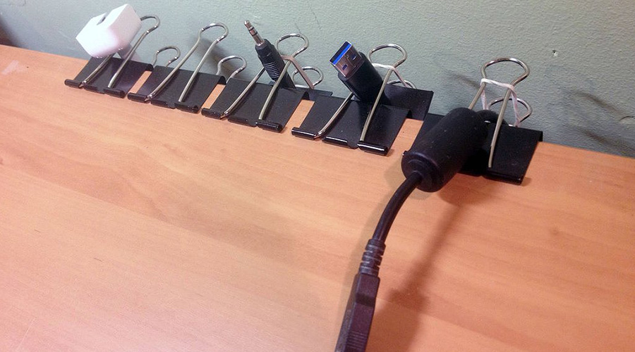 use binder clips to manage cables in technical or audio setup