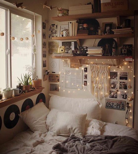 chic dorm room with fairy lights and music style decorations