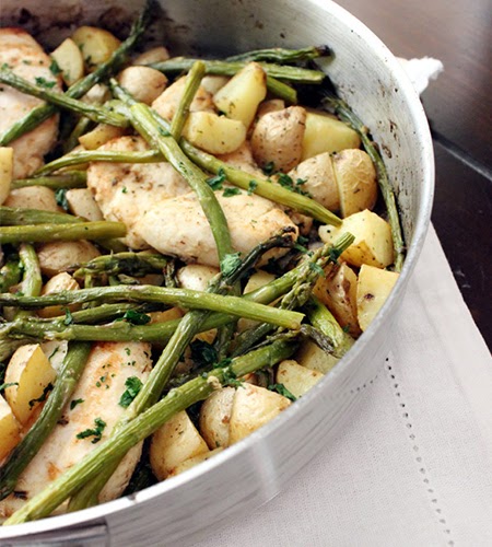 cooking dish with chicken, asparagus and potatoes